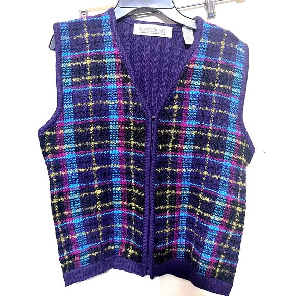 VTG Karen Scott Sweater Vest wool blend Purple plaid full zip sz M academia - Picture 1 of 5